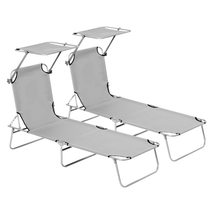 2 Pieces Outdoor Foldable Sun Lounger, 4 Level Adjustable Backrest Reclining Sun Lounger Chair with Angle Adjust Sun Shade Awning for Beach, Garden, Patio, Light Grey