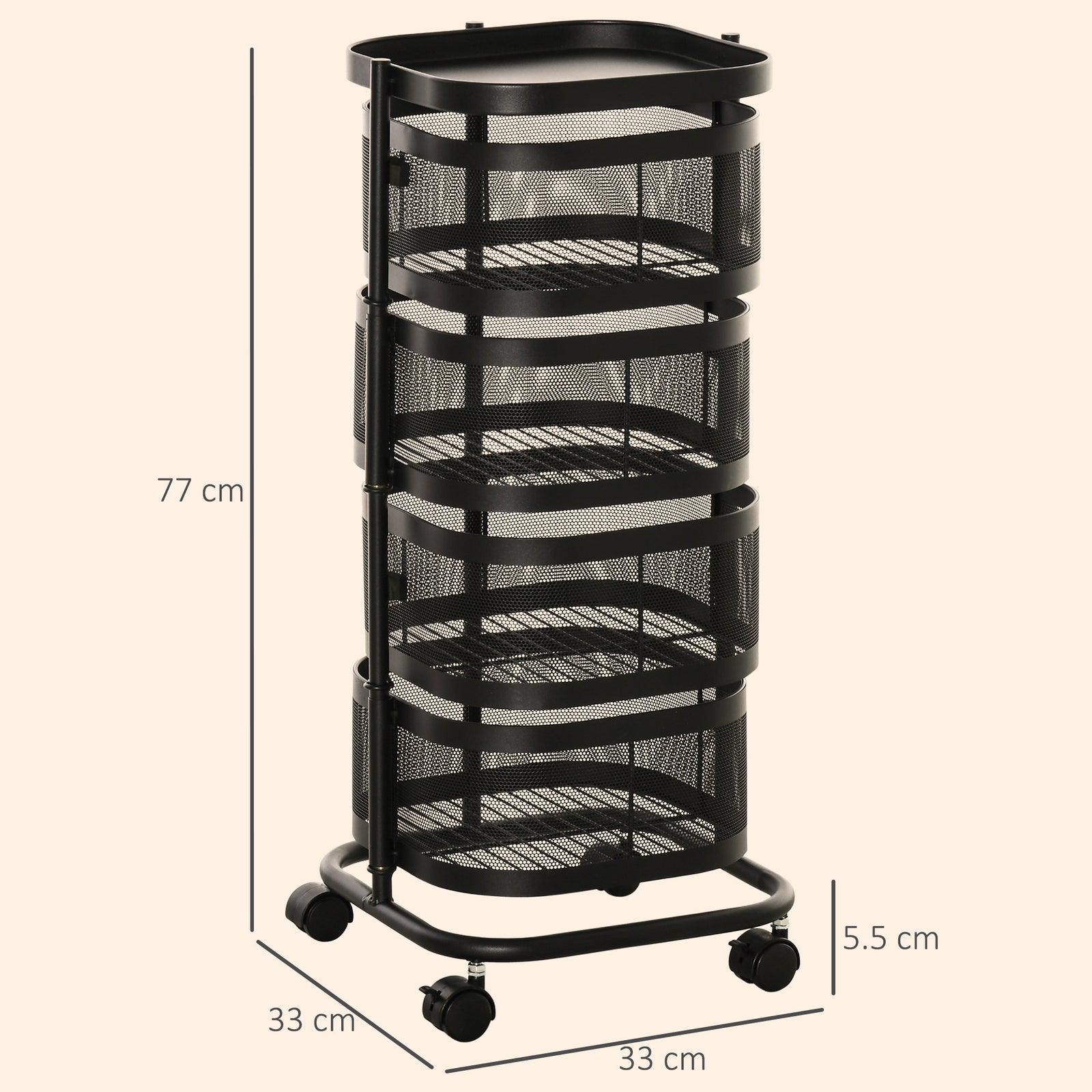 Metal Storage Cart, 4-Tier Storage Trolley on Wheels with 4 Mesh Baske