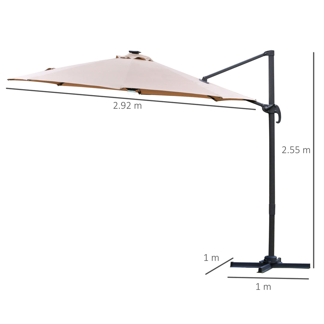 3(m) LED Cantilever Parasol Outdoor Sun Umbrella w/ Base Solar Lights Brown