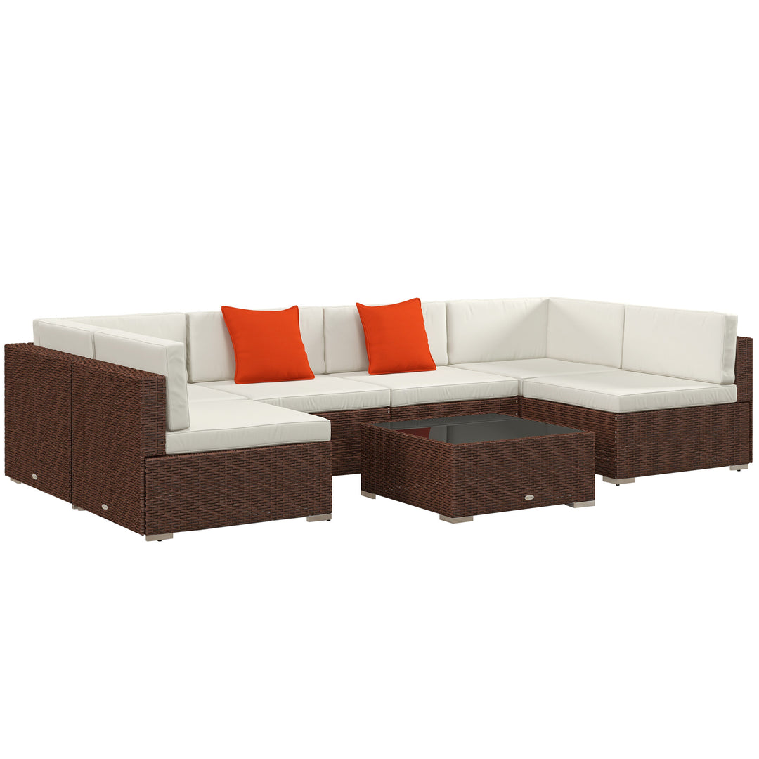 Seven-Piece Rattan Garden Set, with Glass-Top Table - Brown/Beige
