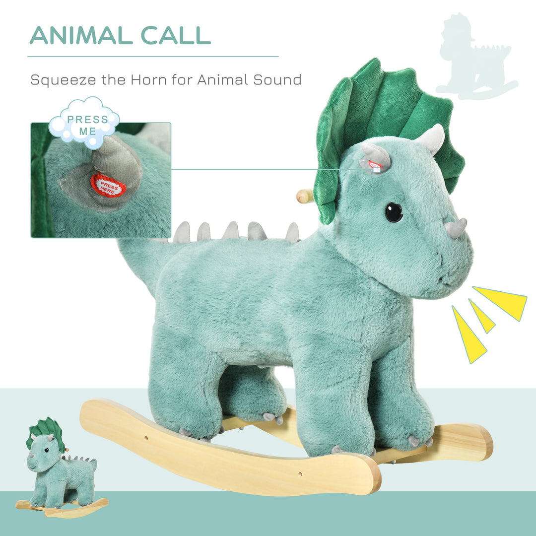 HOMCOM Kids Plush Ride-On Rocking Horse Triceratops-shaped Plush Toy Rocker with Realistic Sounds for Child 36-72 Months Dark Green