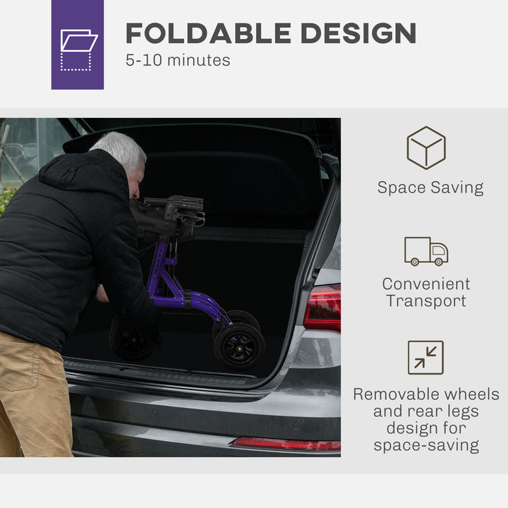 Folding Rollator Walker with Seat, Backrest, Lightweight Walking Frame with Storage Bag, Dual Brakes, All-terrain Wheels, Adjustable Handle Height, 4 Wheeled Walker for Seniors, Purple