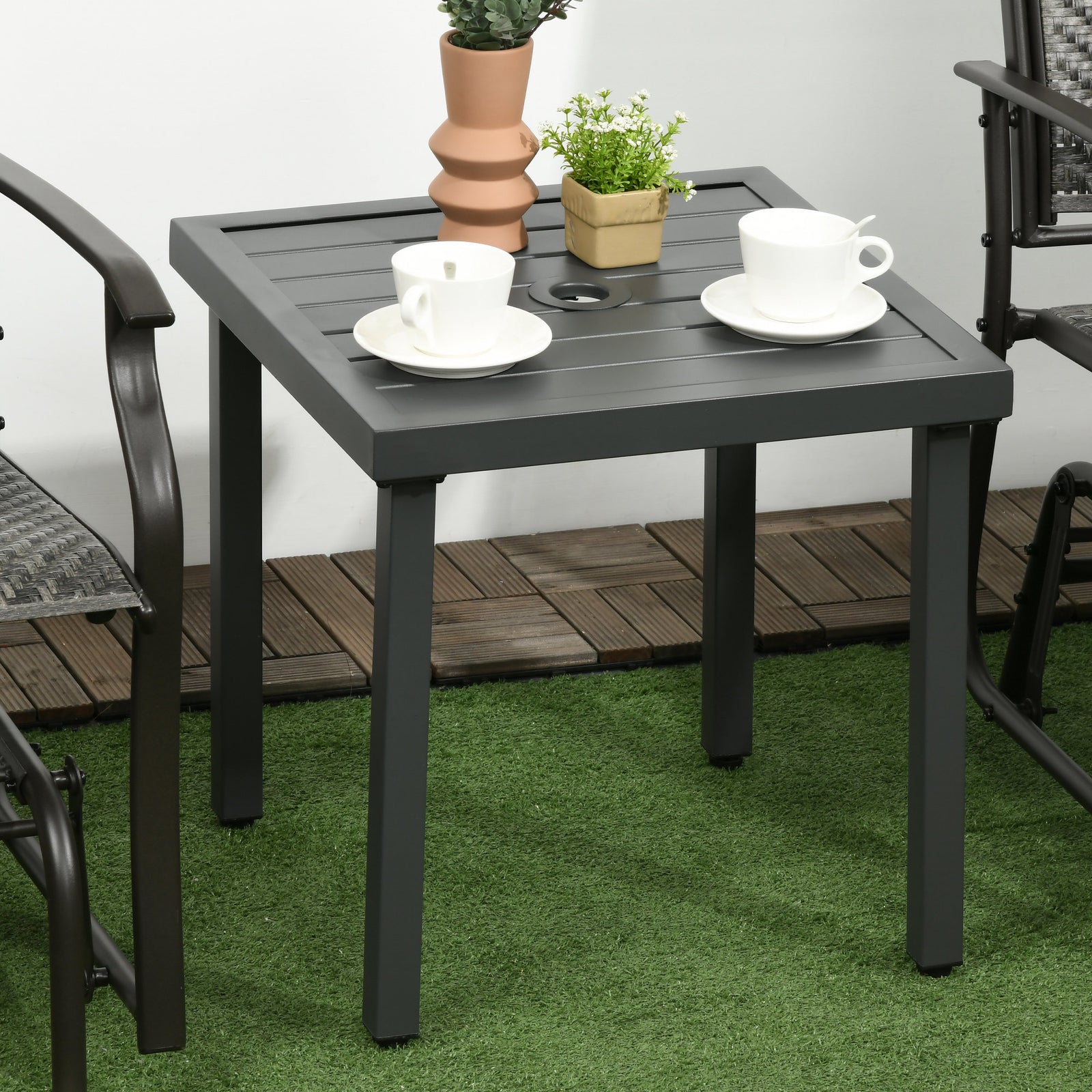 Garden Side Table, 51x51cm Square Patio Coffee Table with Umbrella Hole, End Table with Steel Frame for Balcony, Grey