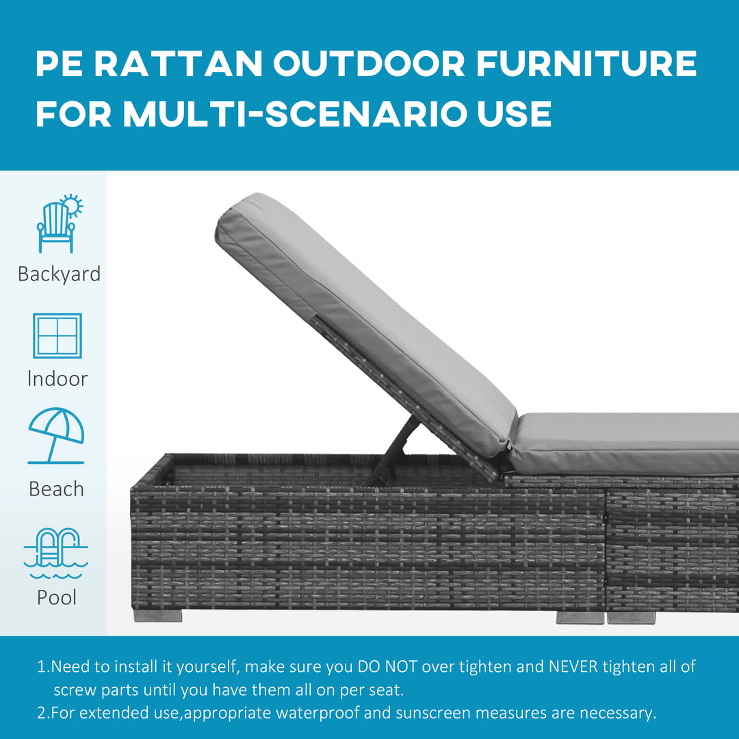 PE Rattan Sun Loungers with Cushion, Outdoor Garden Sunbed Furniture with 5-Level Recliner Backrest, and Armrest, Set of 2, Grey