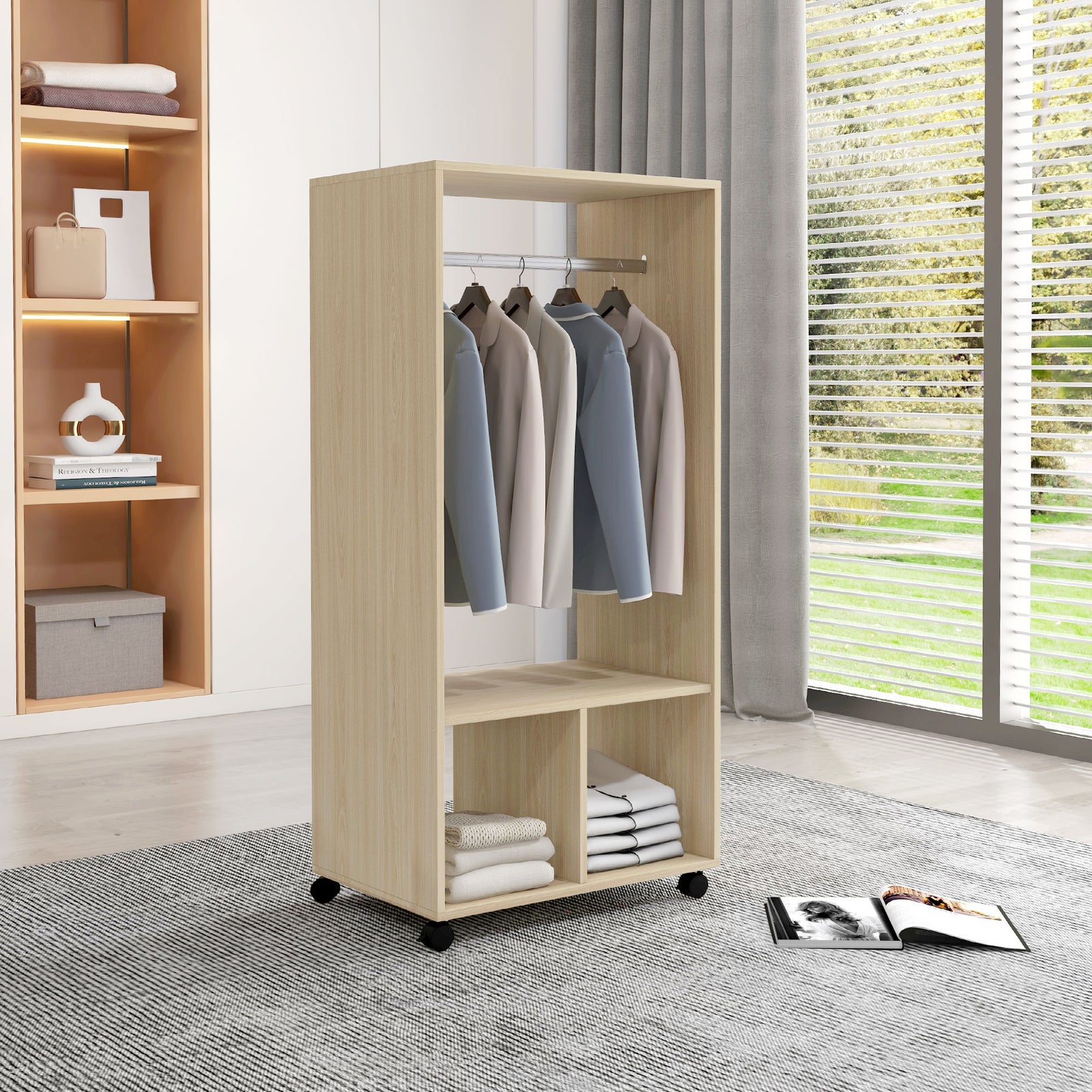 Open Wardrobe on Wheels, Bedroom Wardrobe with Clothes Hanging Rail, 2