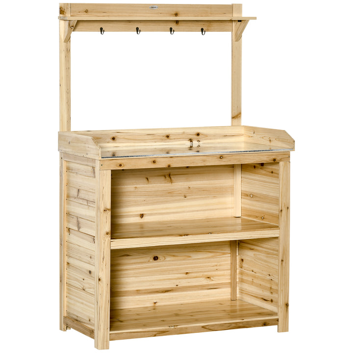 MCL Garden Potting Bench Table, Wooden Workstation Bench w/ Galvanized Metal Tabletop, Storage Shelves and Hooks, Natural