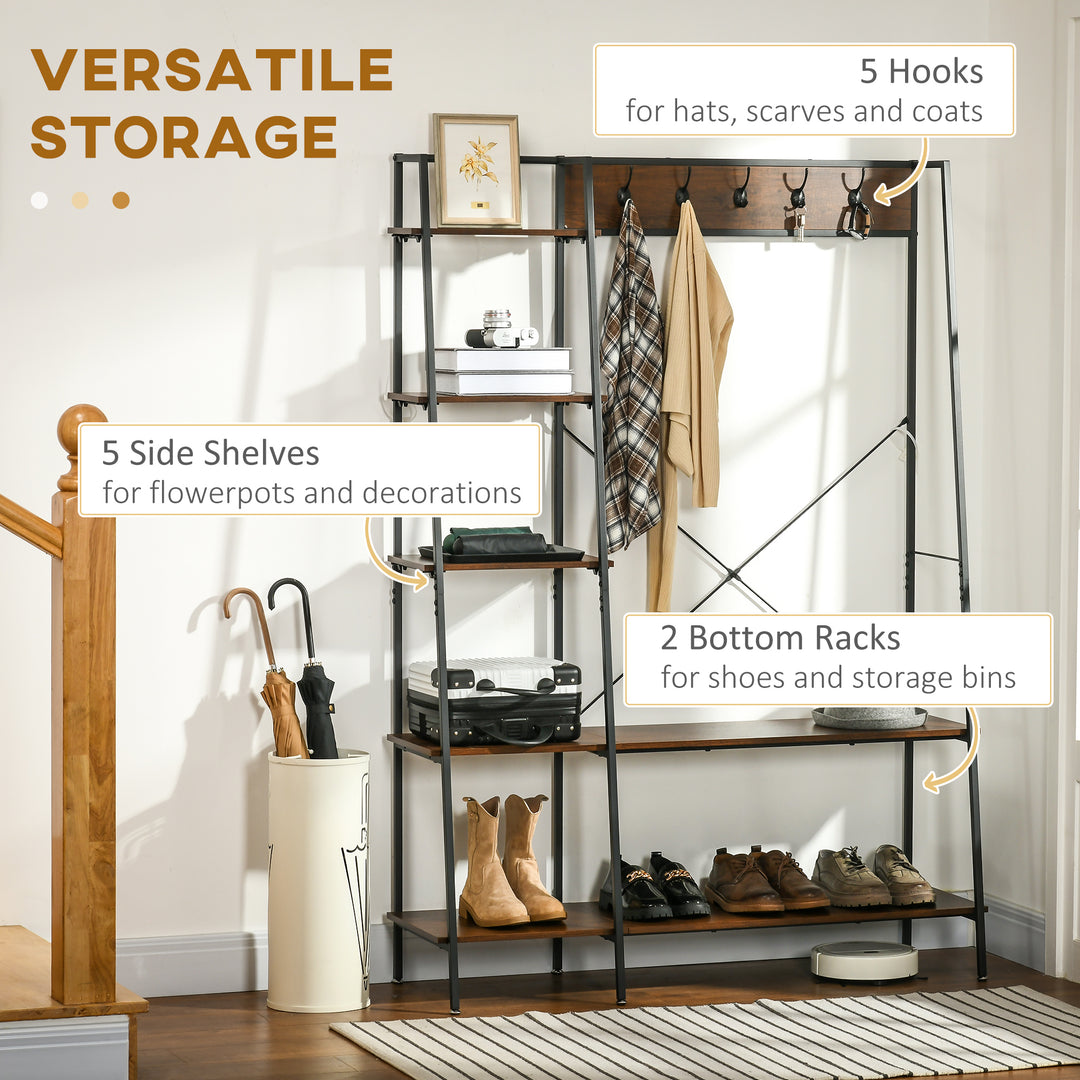 Clothes Rail, Metal Clothes Rack with Shoe Rack, 5 Tier Storage Shelves, 5 Side Hooks, Coat Stand for Bedroom, Living Room, Hallway, Rustic Brown and Black
