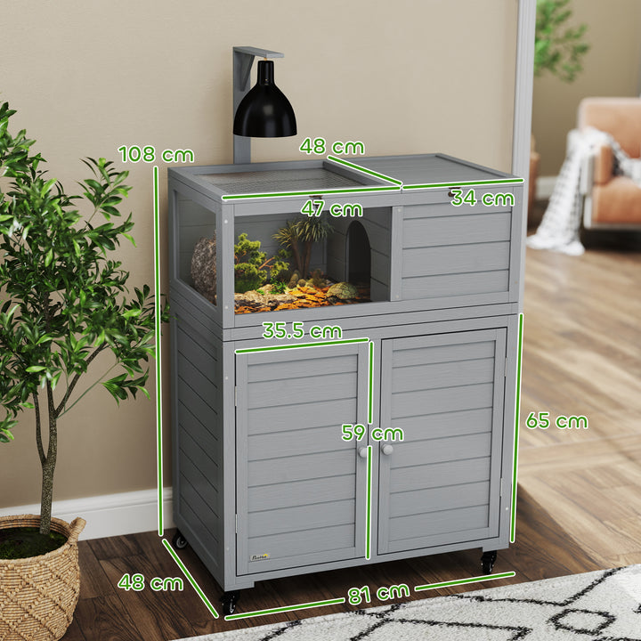 Wooden Tortoise House with Storage Cabinet, Openable Top, Lamp Holder, Windows, Light Grey
