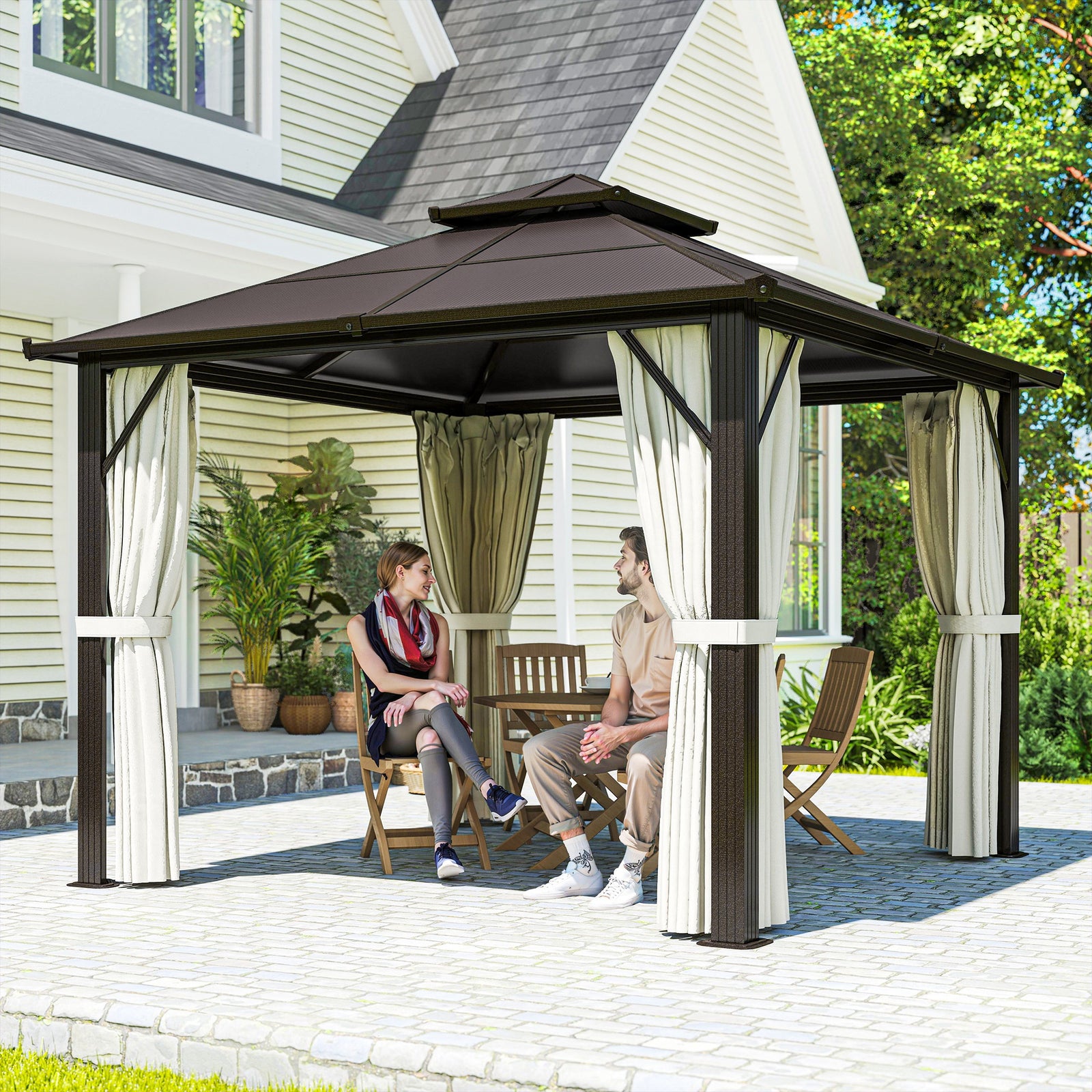 3 x 3(m) Hardtop Gazebo Canopy with UPF30+ Double Polycarbonate Roof, Aluminium Frame Garden Gazebo Permanent Pavilion with Mosquito Netting and Curtains for Patio, Deck, Beige