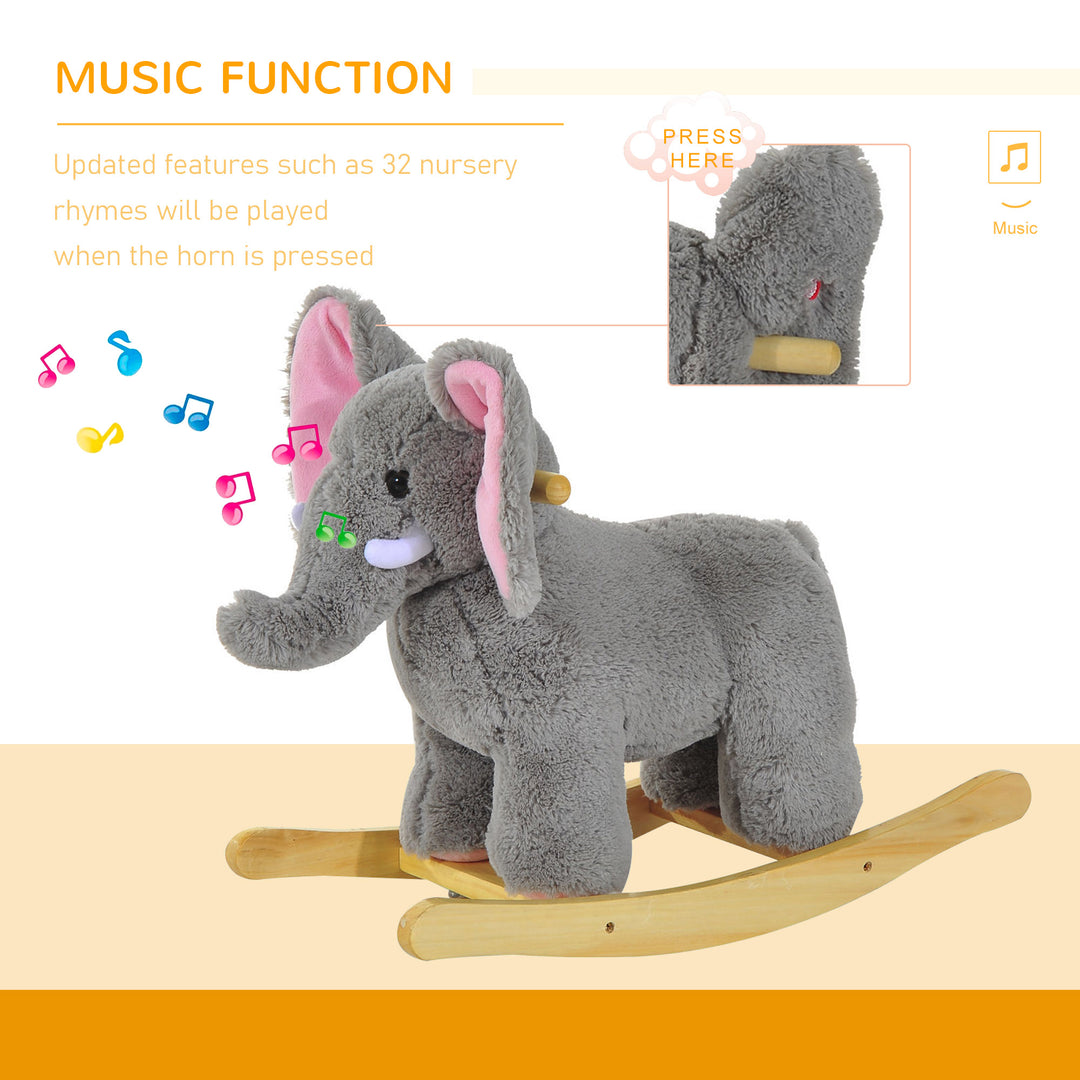 HOMCOM Plush Elephant Rocking Horse for Kids, Traditional Wooden Riding Toy with 32 Nursery Rhymes, Grey | Aosom UK