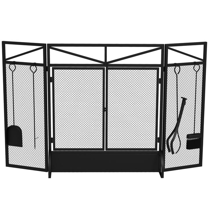 HOMCOM 3 Panel Folding Fire Guard Screen w/ Fireplace Tool Sets, Front Doors, Freestanding Fire Screen Spark Guard w/ Feet, Black | Aosom UK