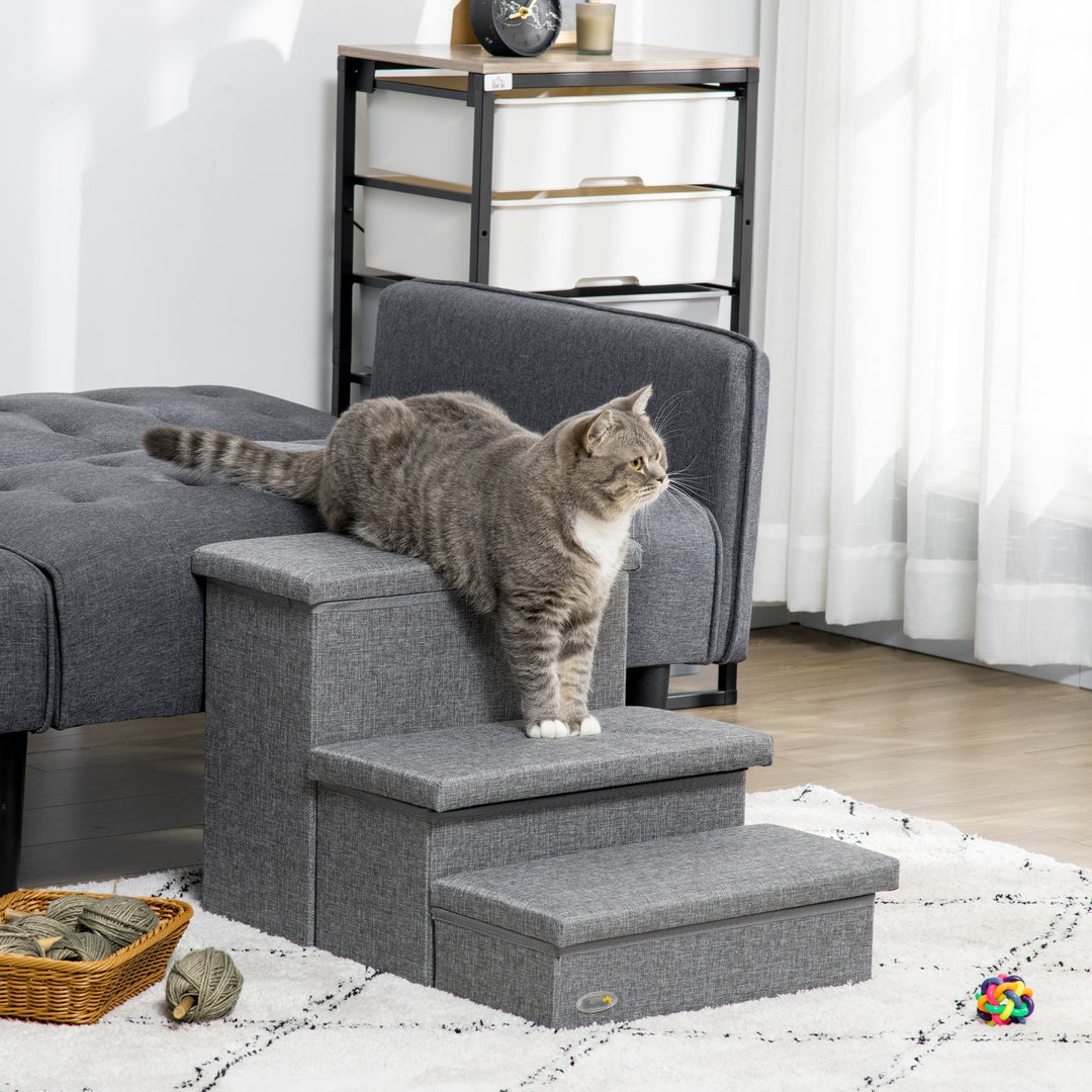 PawHut Cat Stairs with Storage Boxes, 3 Steps Dog Stairs for Bed, Pet Ladder for Couch Sofa, Easy Installation, 63.5x42.5x40.5 cm, Grey | Aosom UK