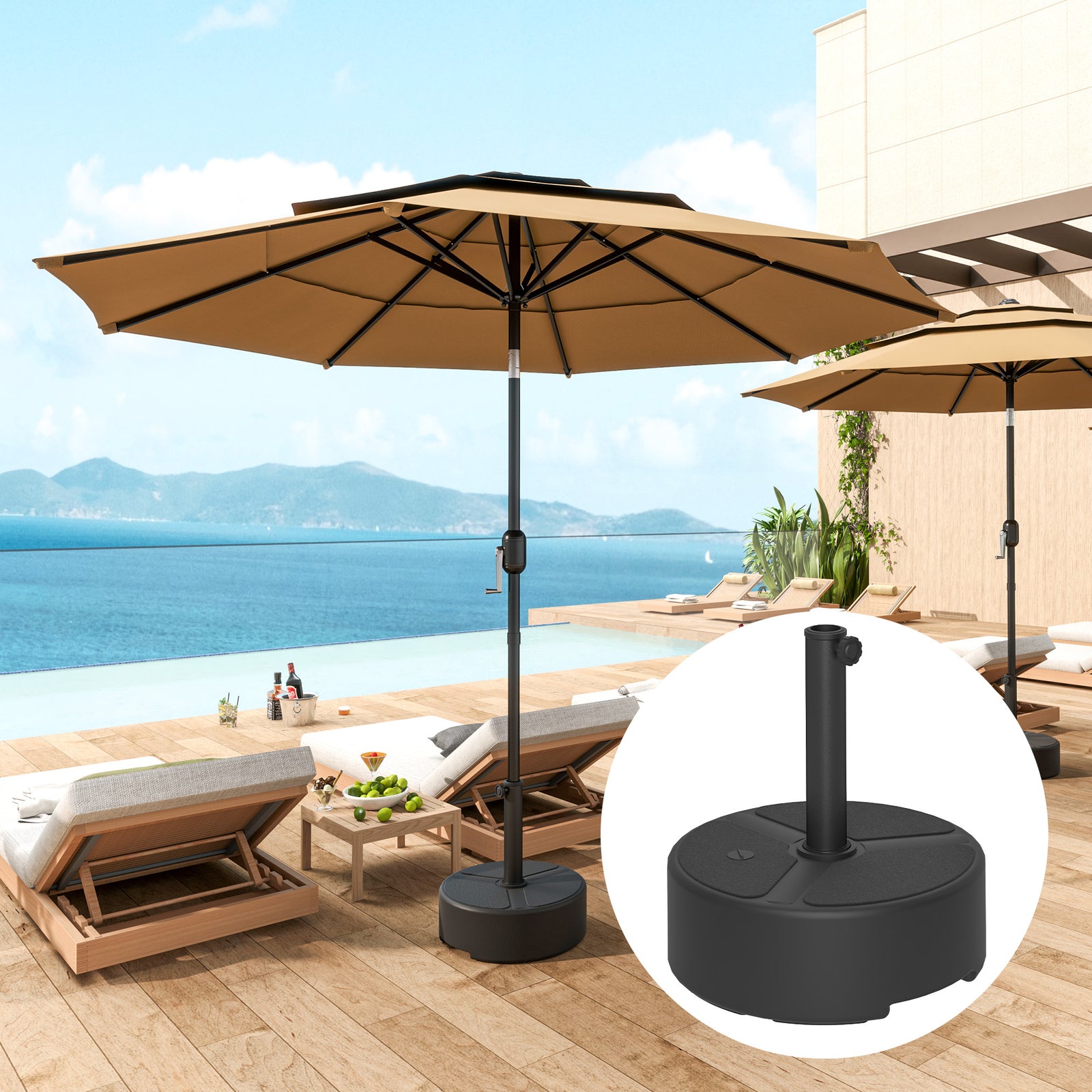Round Garden Parasol Base, Garden Umbrella Stand Heavy Duty Parasol Base, Filled Up to 20kg with Stand or 18kg with Water for 38, 48 mm Poles, Black