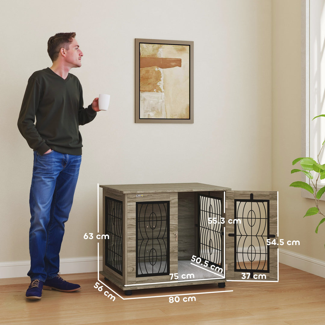 Indoor Dog Crate Furniture End Table with Soft Washable Cushion, Lockable Front Door, for Medium Dogs - Black