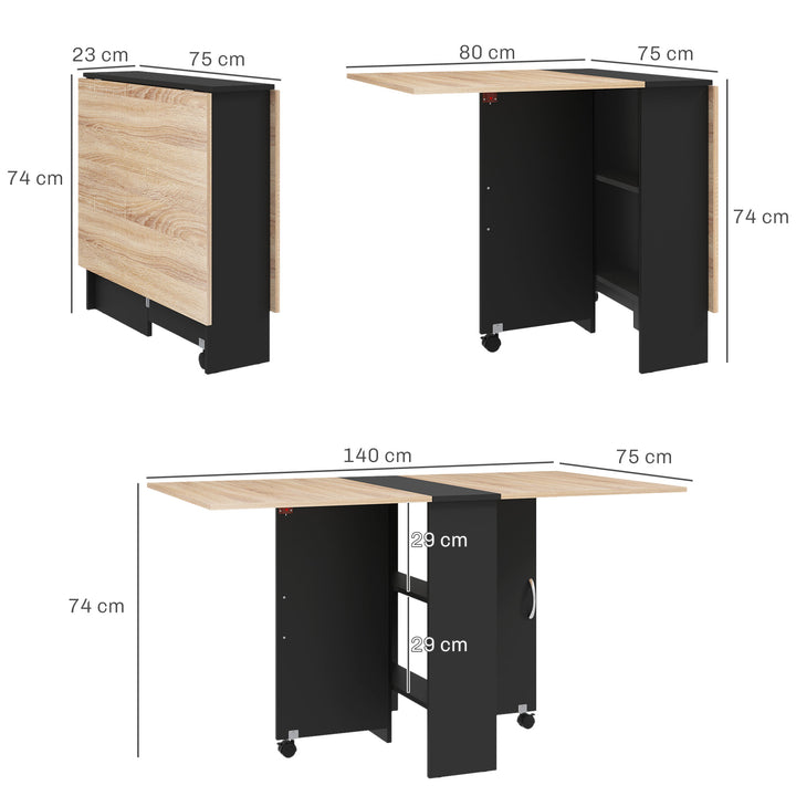 Folding Dining Table, Drop Leaf Table with 2-Tier Shelves, Rolling Casters, for Small Spaces, Kitchen, Oak and Black