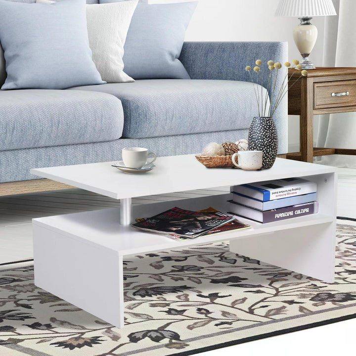 HOMCOM 2-Tier Coffee Table, Modern Rectangular Design Side/End Table with Open Shelf, for Living Room Entryway Hallway, White. | Aosom UK