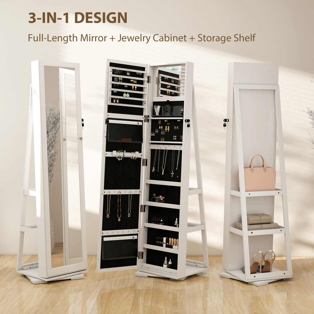 360° Swivel Jewellery Cabinet, Free Standing Full Length Mirror with Storage, Lockable Jewellery Organiser with Built-in Makeup Mirror and Storage Shelves for Bedroom, White