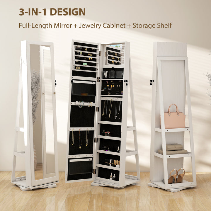 360° Swivel Jewellery Cabinet, Free Standing Full Length Mirror with Storage, Lockable Jewellery Organiser with Built-in Makeup Mirror and Storage Shelves for Bedroom, White