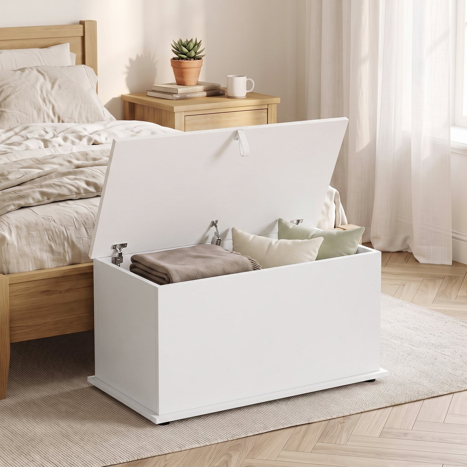 Storage Chest, 102L Blanket Box, Shoe Bench with Safety Hinged Lid, Be