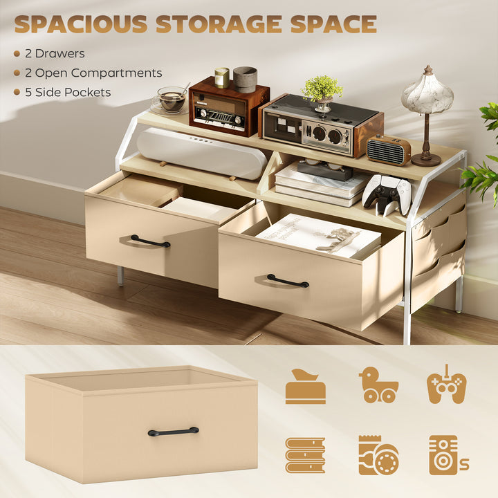 TV Stand Cabinet, TV Unit for 55-inch TVs with 2 Foldable Fabric Drawers, 5 Divided Side Pockets, Open Shelves, Console Table for Living Room, Bedroom, Entertainment Room, Natural Wood Finish