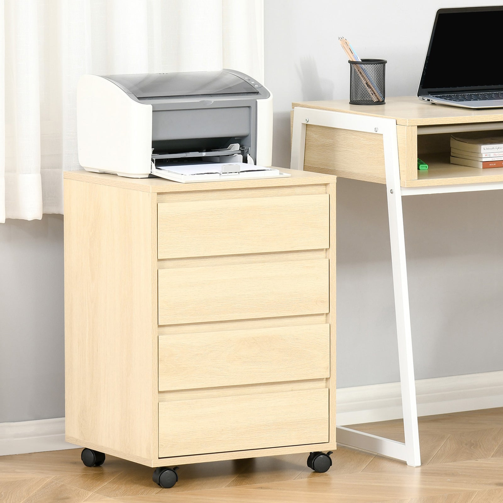 Four-Drawer Office Filing Cabinet, with Wheels - Natural