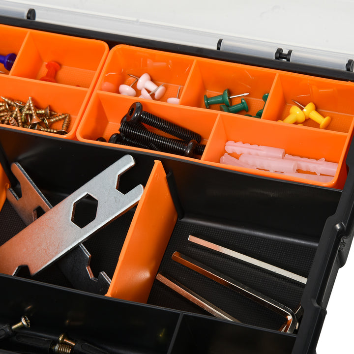 Set Of 4 Plastic DIY Tool Storage Boxes w/ Inside Dividers Locking Lids Home Garage Organisation Stacking Arts Crafts Bolts Black Orange