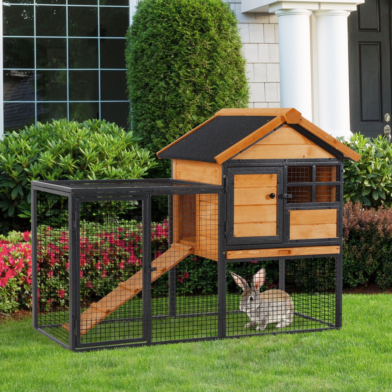 Rabbit Hutch Guinea Pig Hutch Wood-metal Elevated Guinea Pig House Pet Bunny Cage for Outdoor 122 x 63 x 92cm Light Yellow