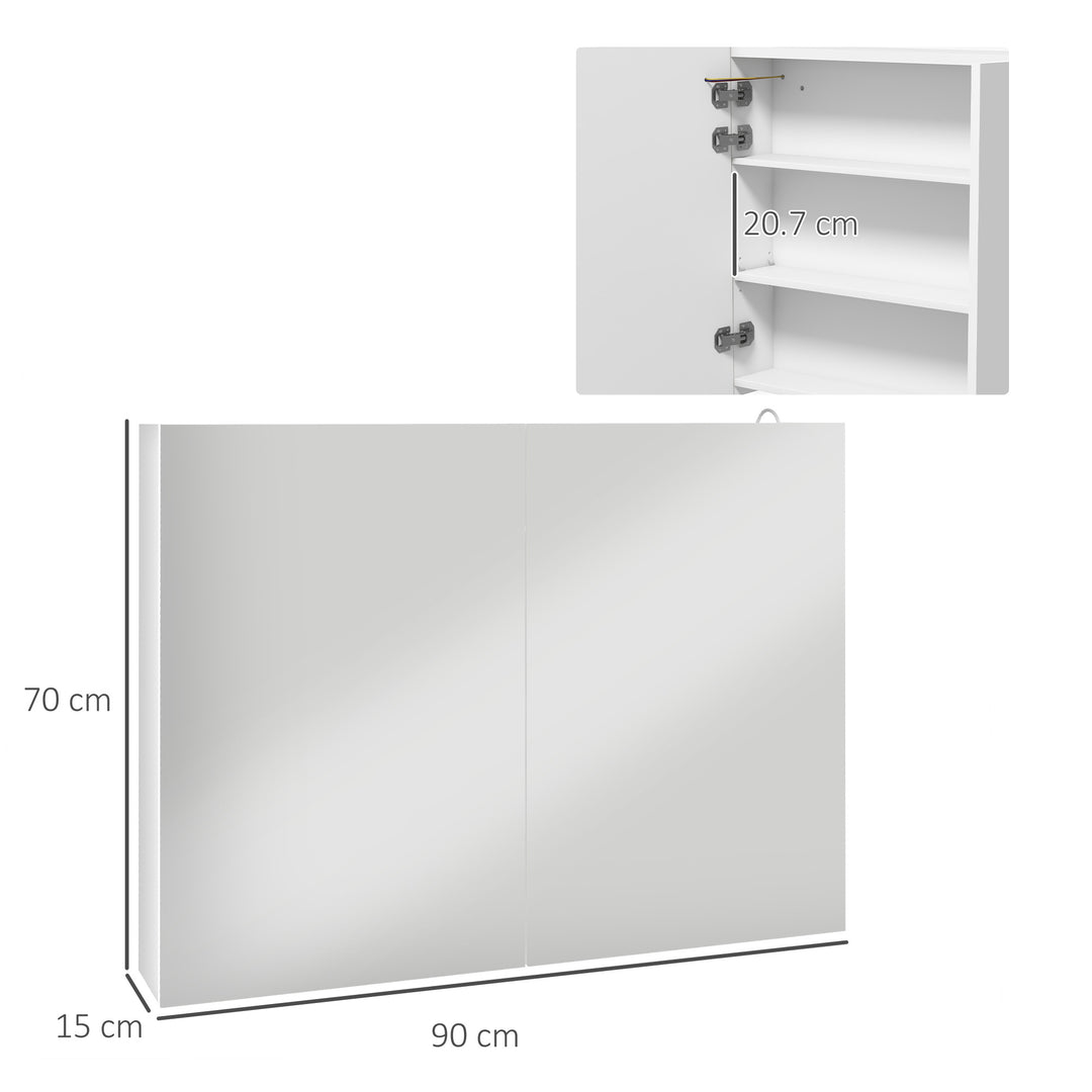 Bathroom Mirror Cabinet with Light, Bathroom Storage Cupboard with Adjustable Shelf, USB Powered, 90x15x70cm, White