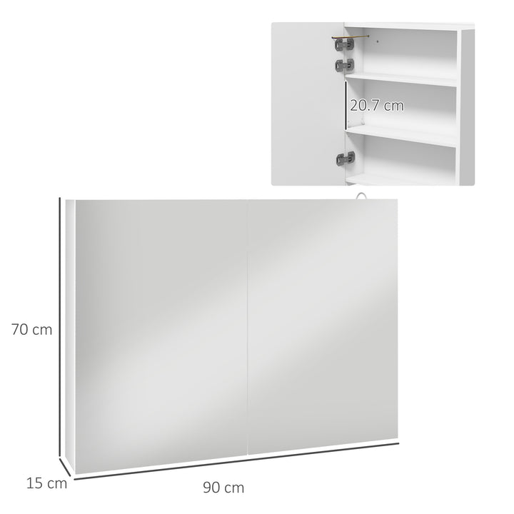 Bathroom Mirror Cabinet with Light, Bathroom Storage Cupboard with Adjustable Shelf, USB Powered, 90x15x70cm, White