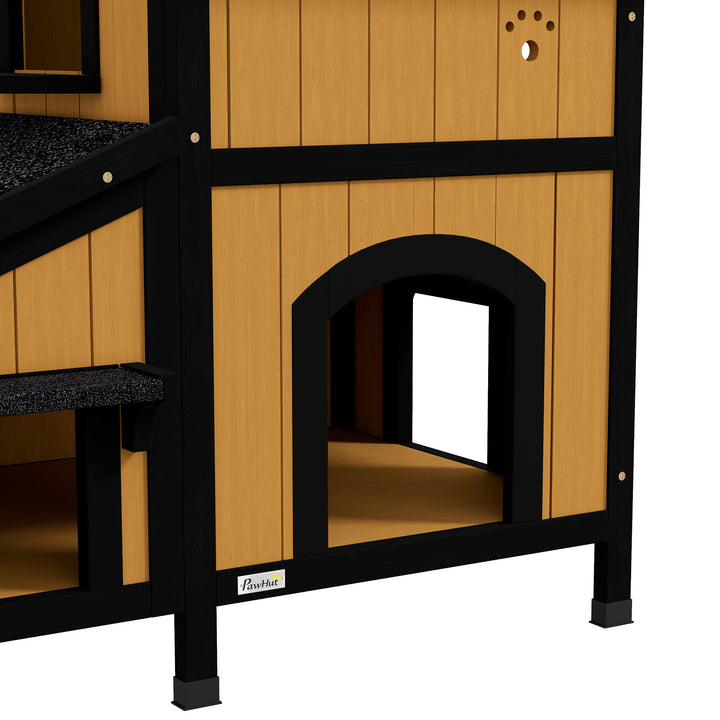 Wooden Cat House with Flower Pot, Windows, Multiple Entrances, Water-Resistant Roof for Outdoor - Yellow