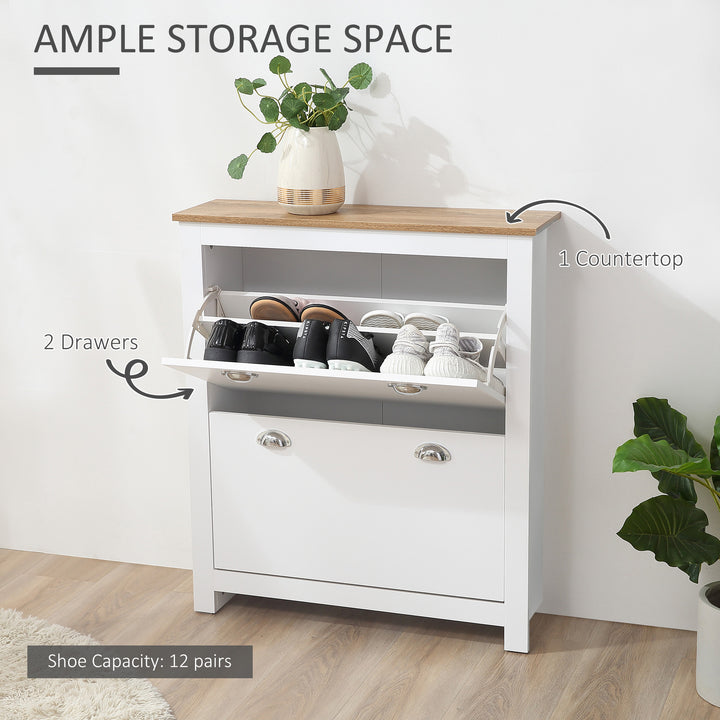 2 Drawer Shoe Cabinet Modern Narrow Shoe Cupboard Hallway Wooden Storage Organiser with Flip Doors Adjustable Shelf for 6-12 Pairs, White