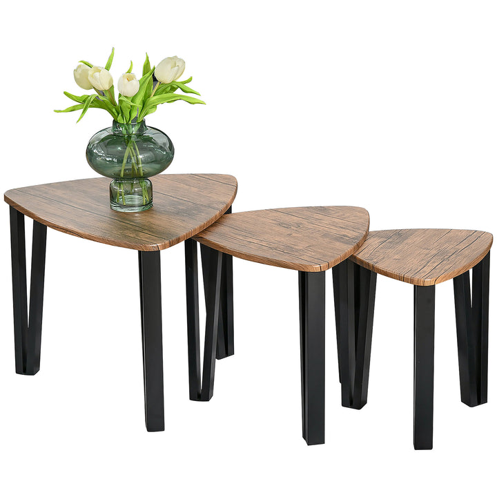 Nest of Tables, Coffee Table Set of 3, Triangle Nesting Tables with Metal Legs, Industrial End Side Table for Living Room, Walnut Wood Grain