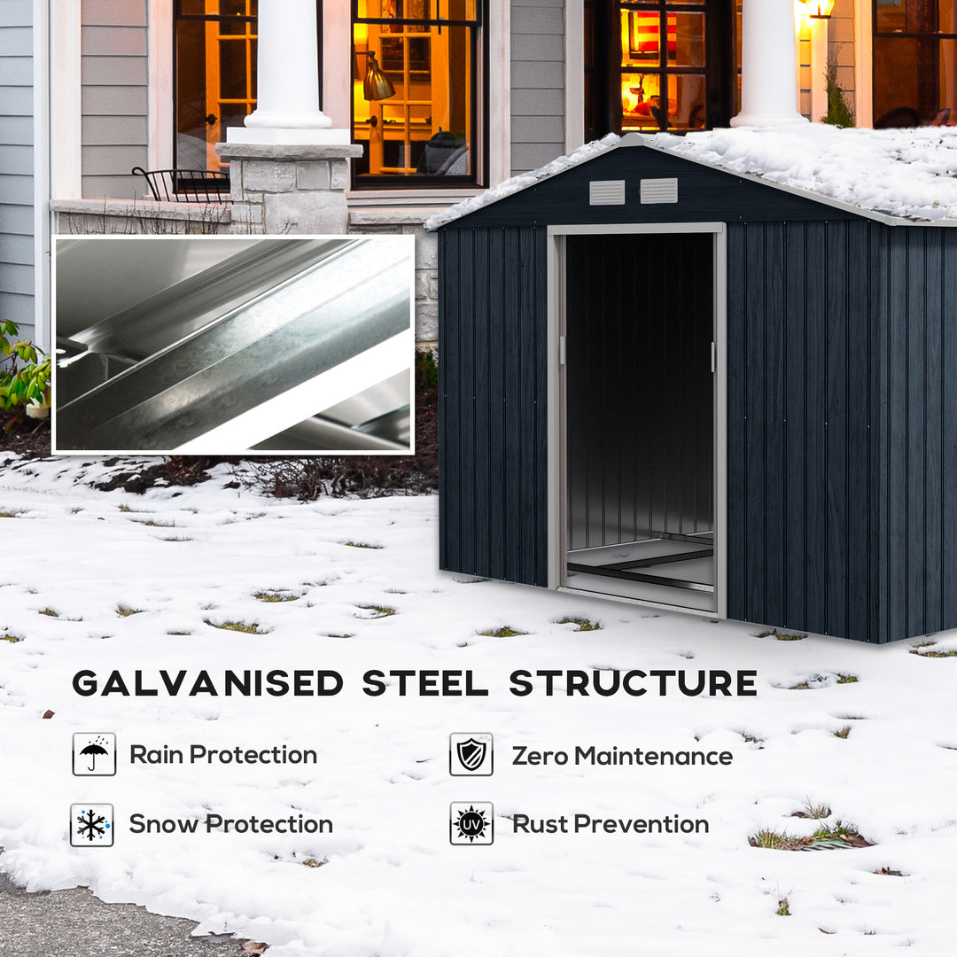 9 x 6ft Metal Bicycle Shed, Outdoor Storage Tool House with Ventilation Slots, Foundation Kit and Lockable Double Doors, Dark Grey