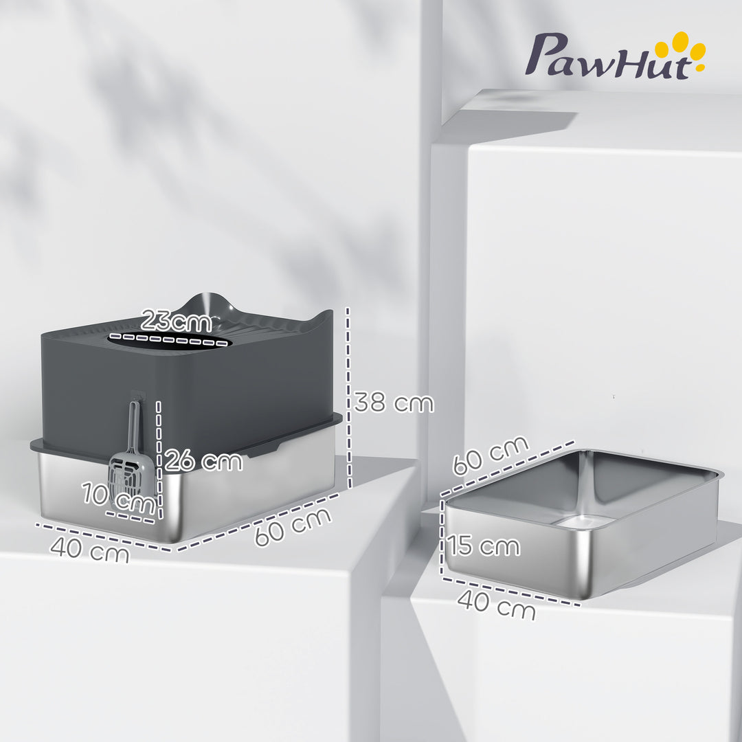 Stainless Steel Cat Litter Tray, Extra Large Enclosed Litter Box with Scoop, Top Entrance, Non-slip Pads, Dark Grey