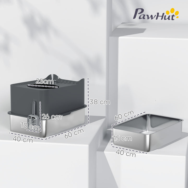 Stainless Steel Cat Litter Tray, Extra Large Enclosed Litter Box with Scoop, Top Entrance, Non-slip Pads, Dark Grey