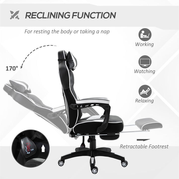 Computer Gaming Chair, Racing Desk Chair with Lumbar Support and Footrest, PU Leather Gamer Chair with Headrest and Swivel Wheels for Home, White