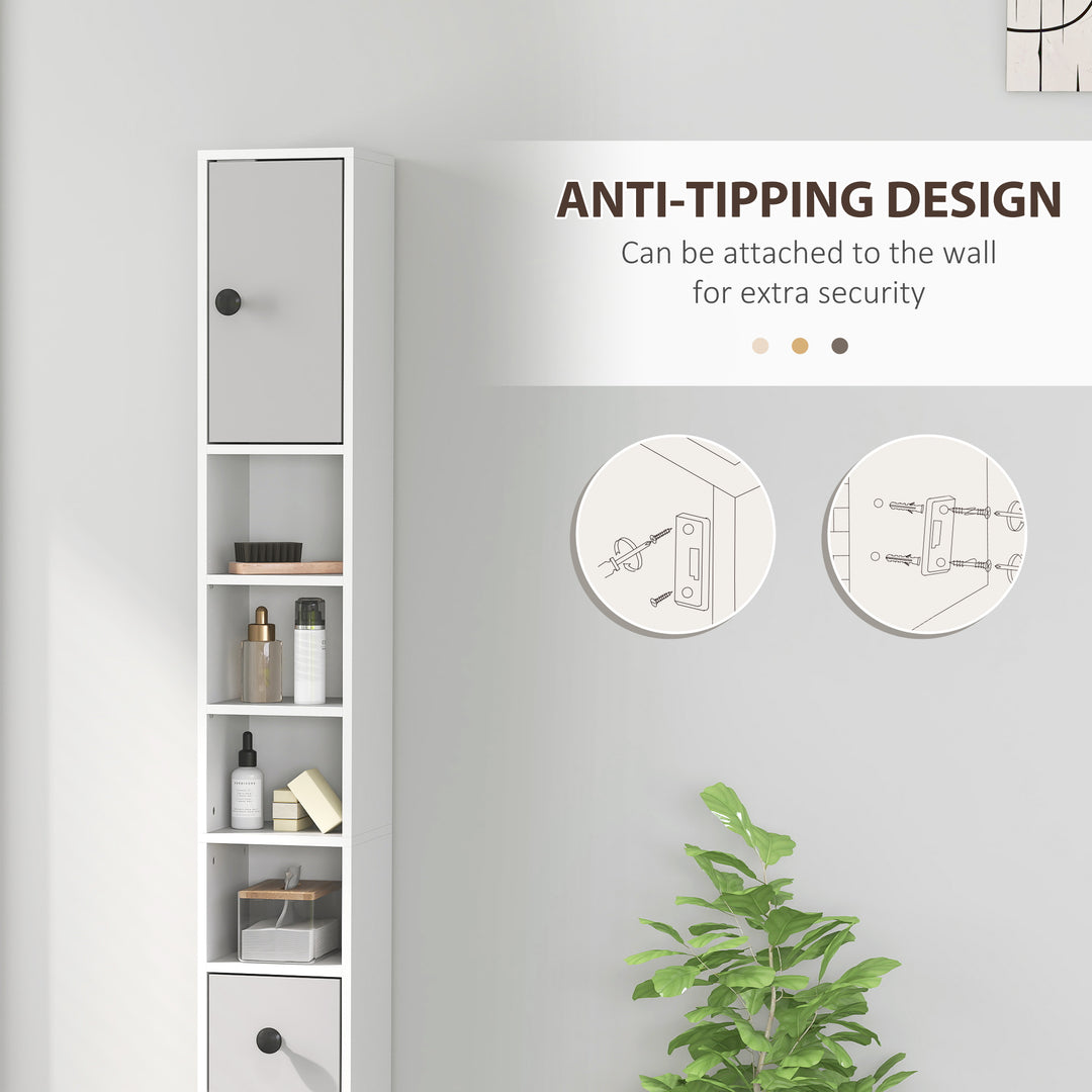 180cm Slim Bathroom Cabinet, with Drawer, Shelves and Cupboards - Light Grey