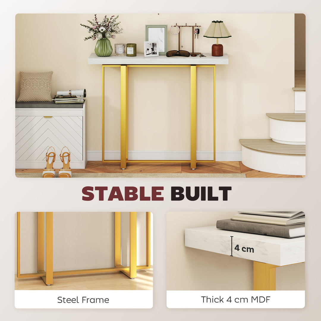 Console Table with Faux Marble Top, 100 cm Narrow Entryway Table with Anti-tipping Device, Steel Frame