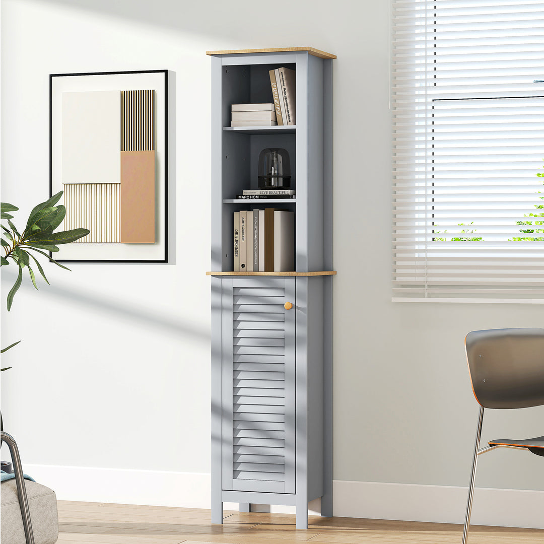 Bathroom Floor Storage Cabinet with 3 Tier Shelf and Cupboard with Door, Free Standing Linen Tower, Tall Slim Side Organizer Shelves, Grey