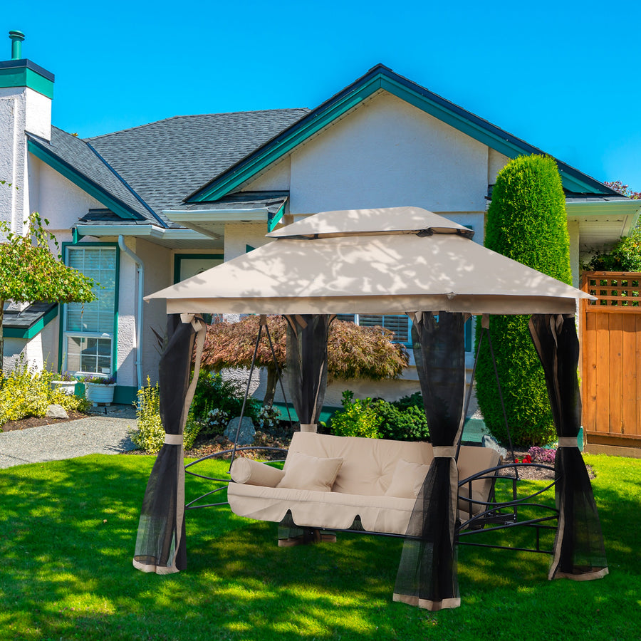 3 Seater Swing Chair 3-in-1 Convertible Garden Swing Seat Bed Gazebo Patio Bench Outdoor with Double Tier Canopy, Cushioned Seat, Mesh Sidewalls, Beige