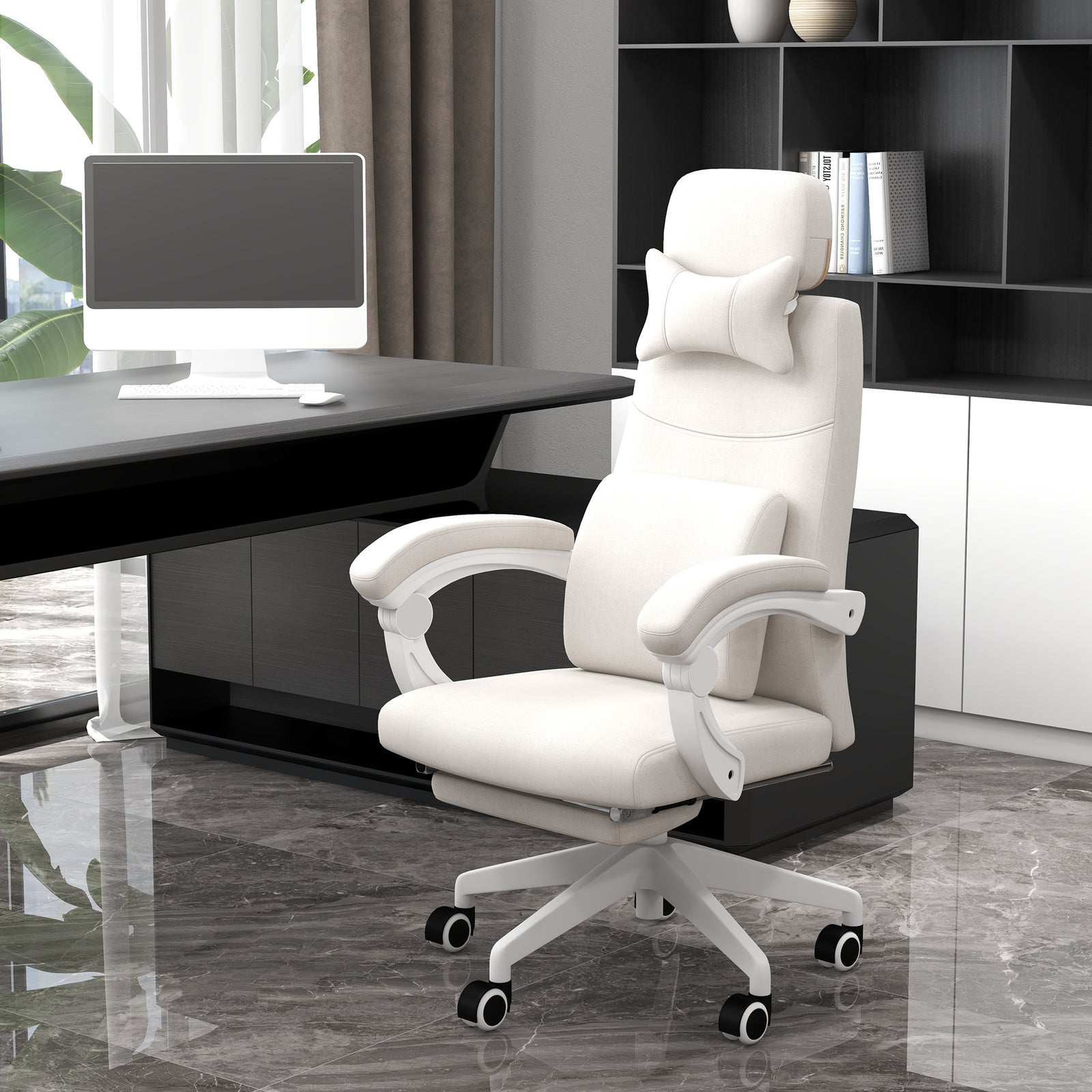 Linen-Look Office Chair, with 160° Reclining Back and Footrest - White