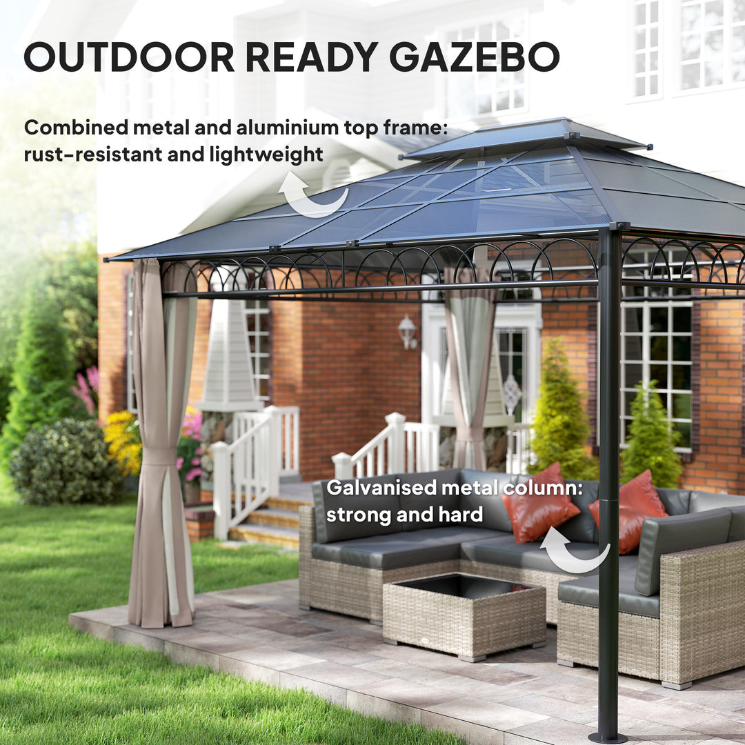 3.6 x 3 (m) Outdoor Polycarbonate Gazebo, Double Roof Hard Top Gazebo with Nettings & Curtains for Garden, Lawn, Patio