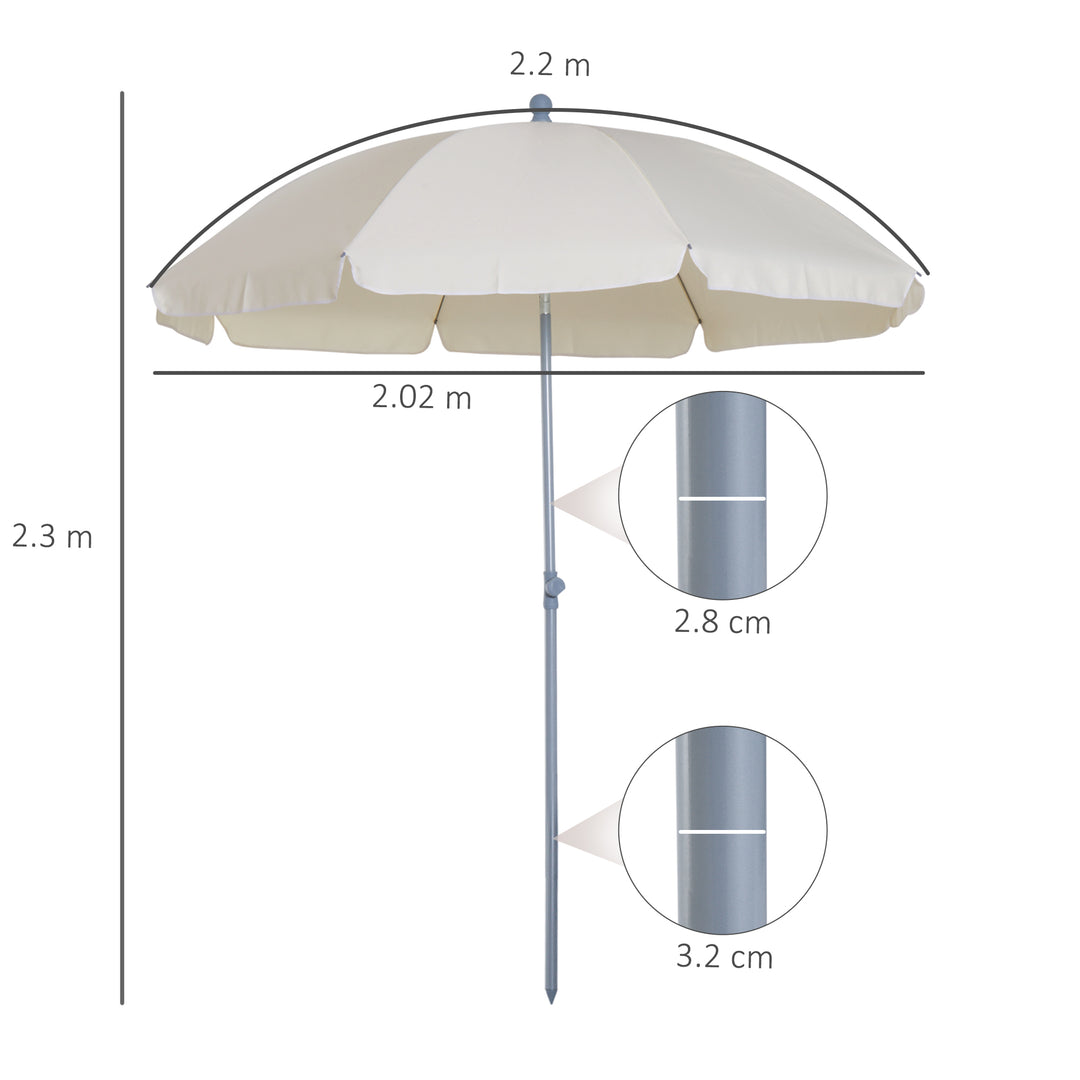2.2m Beach Umbrella, Portable Parasol with Tilting Function, Outdoor Sunshade Shelter with 8 Ribs for Garden, Pool and Patio, Cream White