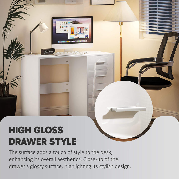 Computer Desk with Drawers, Dressing Table, High Gloss Home Office Writing Workstation, White