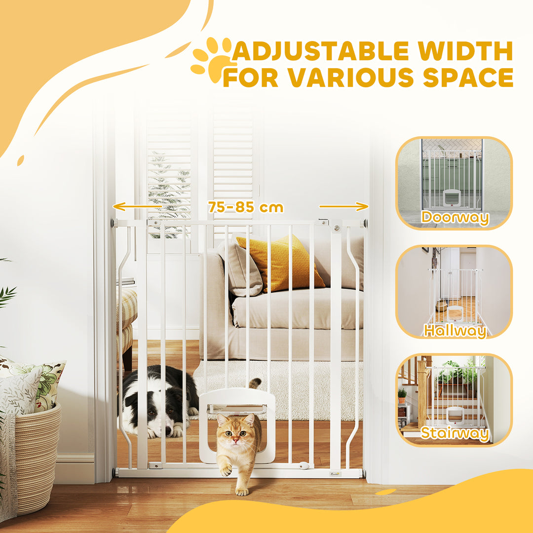 Adjustable Pet Gate with Cat Door, Pressure Fit Barrier for Doorway an