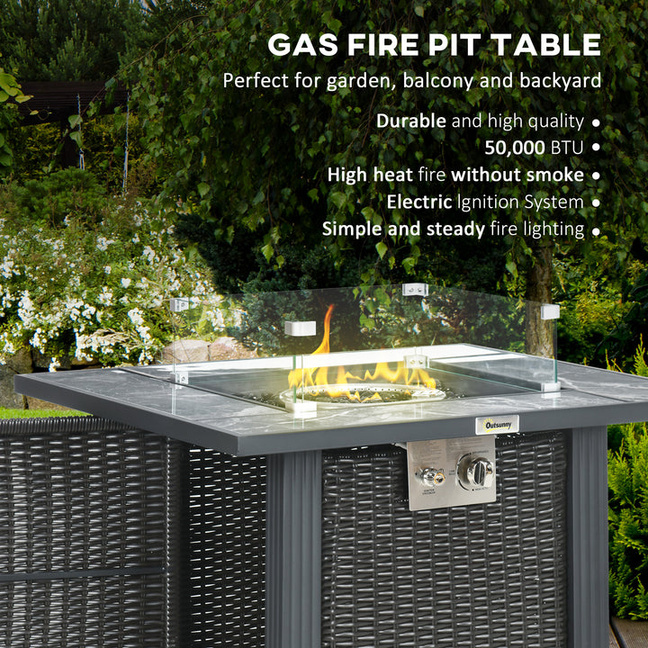 Outdoor PE Rattan Gas Fire Pit Table, Patio Square Propane Heater with Marble Desktop, Rain Cover, Glass Windscreen, and Glass Stones, 50,000 BTU, Black