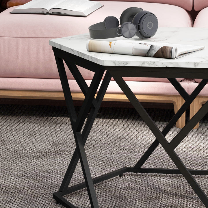 Hexagonal Coffee Table with High Gloss Marble Effect Table Top, Modern Cocktail Table with Steel Frame for Living Room, White