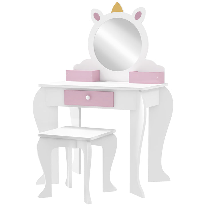 ZONEKIZ Kids Dressing Table, Unicorn Design with Mirror & Stool, Creative Play, White | Aosom UK