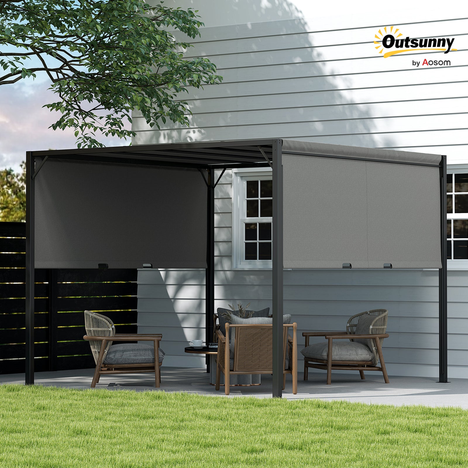 3 X 3 Meters Pergola with Retractable Roof, Garden Gazebo with Adjustable Sun Shade Canopy and Steel Frame, Charcoal Grey