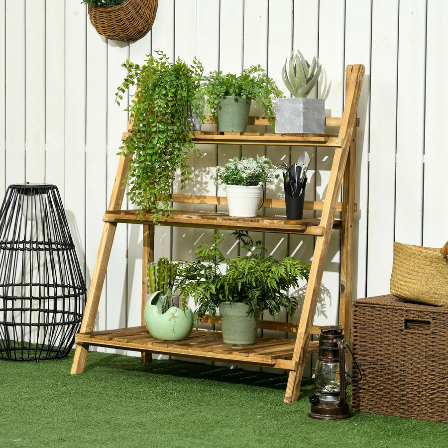 Wooden Folding Flower Pot Stand 3 Tier Garden Planter Display Ladder Gardener Storage Shelves Rack Herb Holder (80L x 37W x 93H cm)
